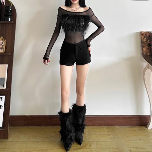 Winter New Women's T-shirt Sexy Wild Feather Letter Embroidery Decorative Long Sleeve Blouses