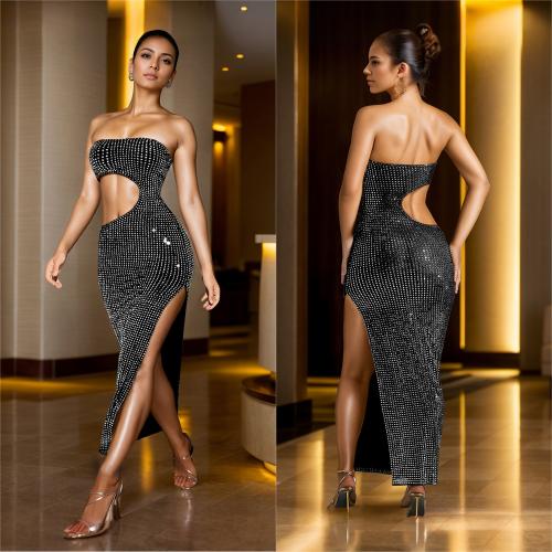 Polyester Slim One-piece Dress & hollow & with rhinestone Rhinestone leopard PC