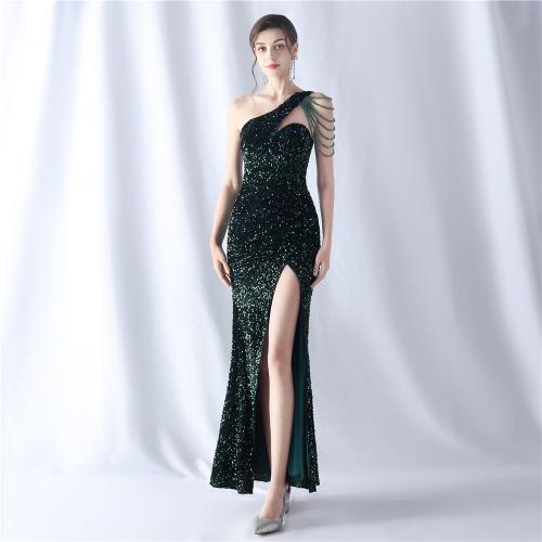 Polyester Waist-controlled Long Evening Dress side slit & One Shoulder PC