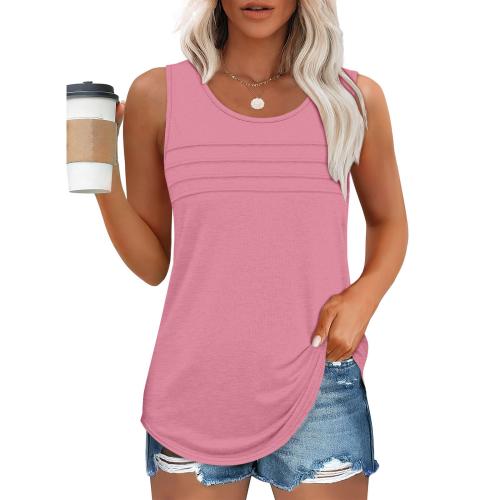 Women's Summer Vest Sleeveless Shirt Casual Loose Shirt Low Crewneck Front Pleated T-shirt