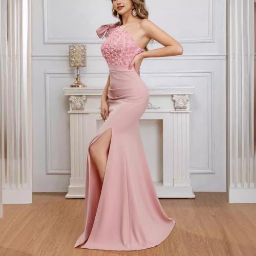 Polyester Slim Long Evening Dress side slit pink PC