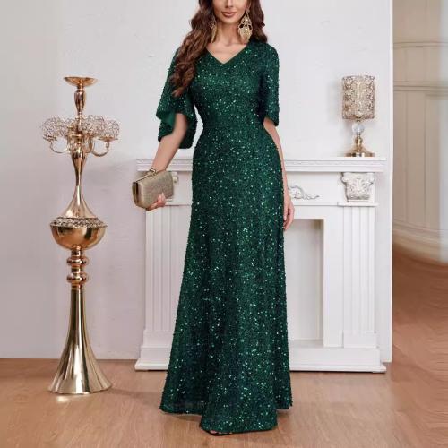 New Fashion V-neck Sequins dress Mid-waist Short-sleeved Evening Dress