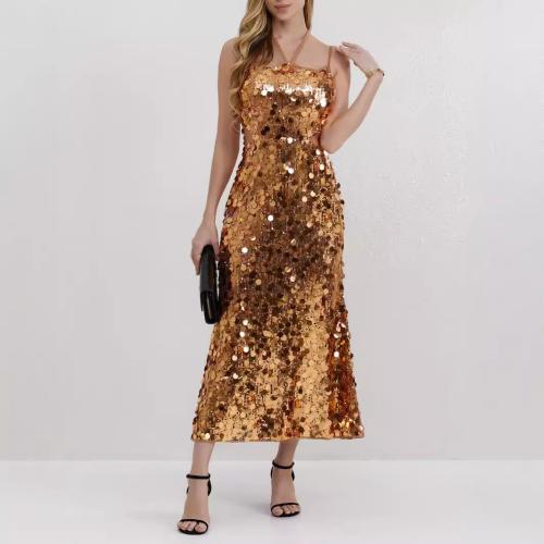 New Fashion Sexy Gold Large Sequin Slip Dress for Women