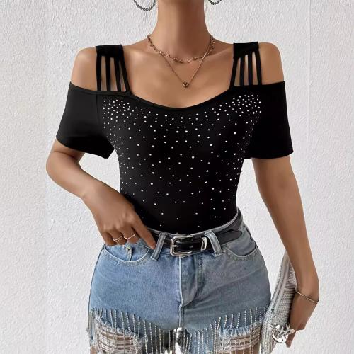 Summer New Elegant Shoulder Hot Drilling Short-sleeved Slim-fit T-shirt Slimming Top