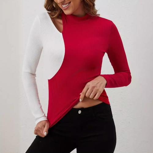 Autumn and Winter Elegant Contrast Color Stitching Small Collar New T-shirt Slim-fit Slimming Long Sleeve Top