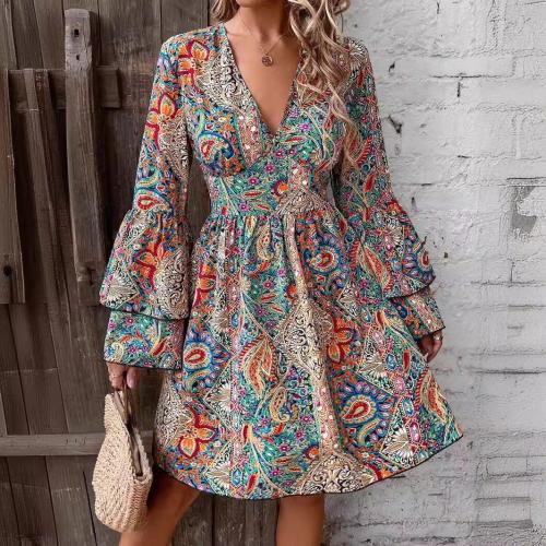 Polyester Slim One-piece Dress printed multi-colored PC