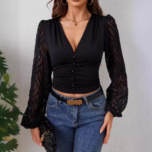 Polyester Slim Women Long Sleeve Blouses deep V black PC