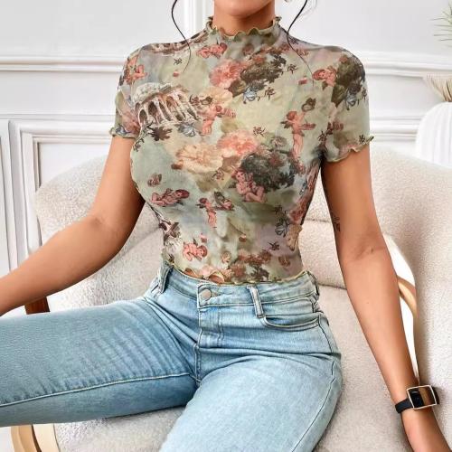 Polyester Slim Women Short Sleeve Blouses see through look PC