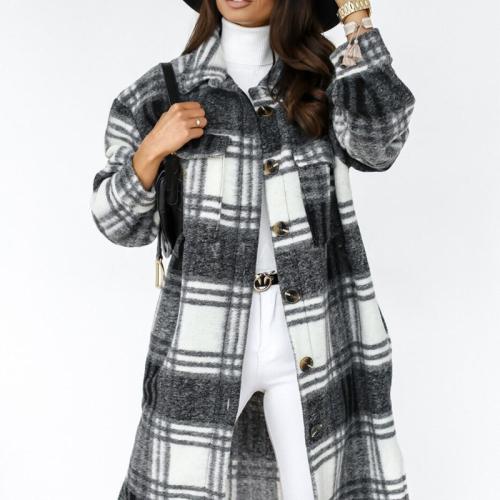 New Women's Long Sleeve Plaid Printed Long Shirt Jacket