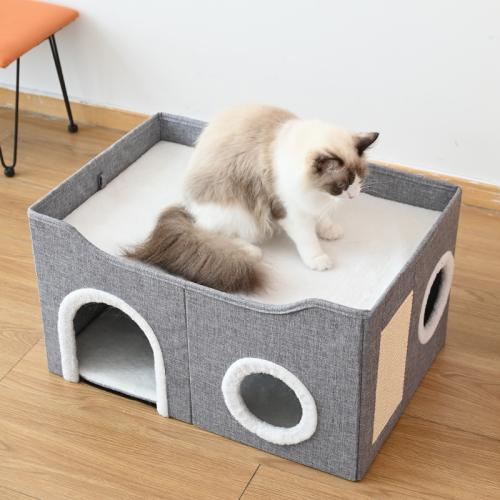 Double-layer cat Nest winter warm foldable semi-closed cat house with cat scratch board