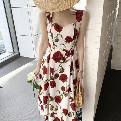 Floral Sling Dress Women's Summer Tea Break Chiffon Seaside Elegant Dress