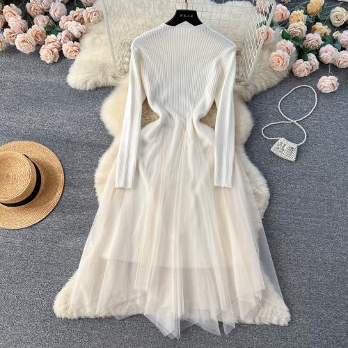 Autumn and Winter Knitted Stitching Mesh dress Women's Waisted Slimming Elegant High-end Dress