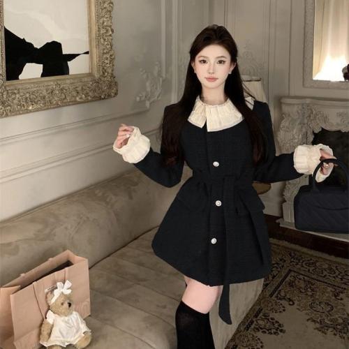 Spring New style tight waist lace-up jacket Small contrast color lace stitching dress