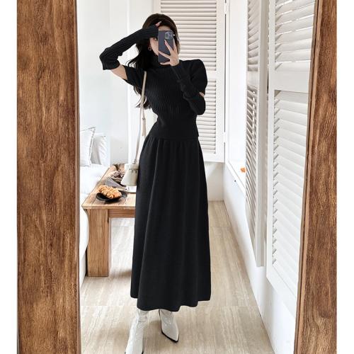 New High Neck Slim Sleeve Knitted Sweater Lazy Two-Piece High Waist Skirt Set