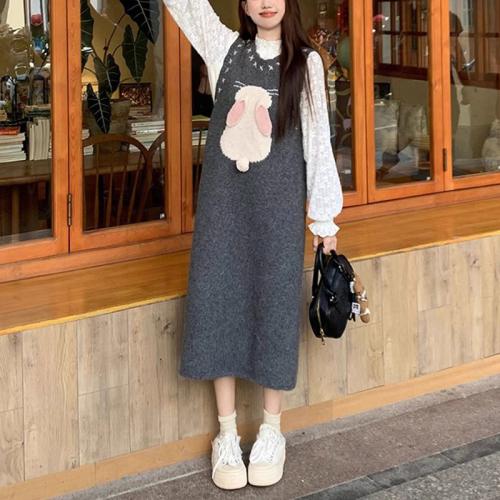 Sweet Niche One-piece Dres Women's Autumn and Winter Rabbit Gray Knitted Vest dress