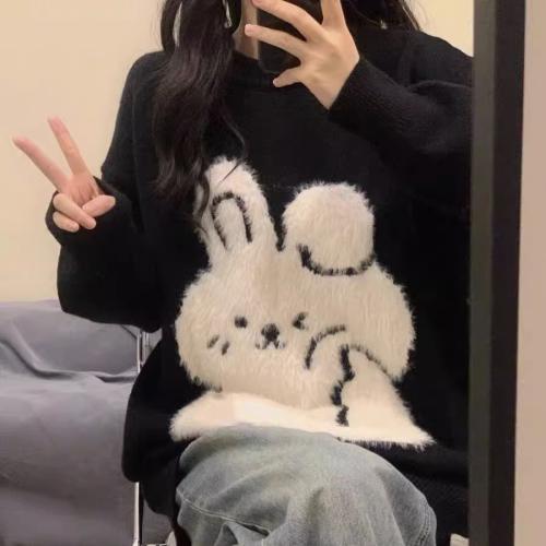 Round Neck Loose Bunny Pullover Sweater Women's Autumn and Winter Knitted Sweater Soft