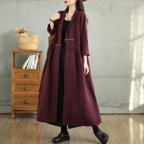 Vintage Buckle Long Sleeve V-Neck Jacket Women's Pleated Long Coat