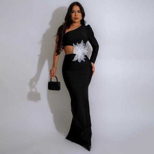 New one-shoulder long sleeve sexy dress fashion flower beaded evening dress