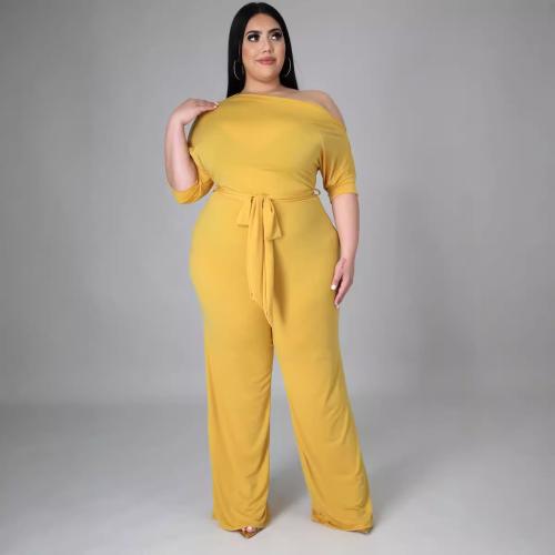 Women's Solid Color Slant Shoulder Lace-up Casual Wide Leg Plus Size Long Jumpsuit