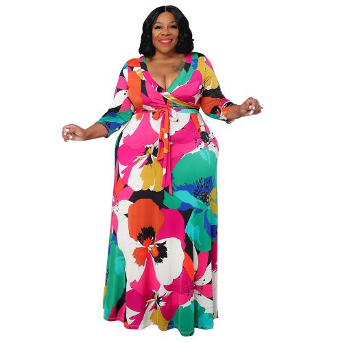 Polyester Plus Size One-piece Dress & loose printed floral PC