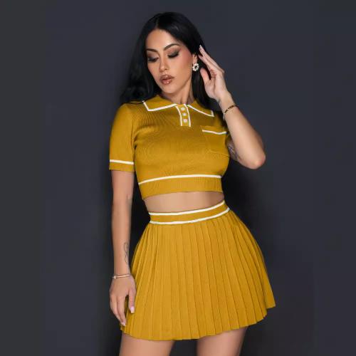 Fashion round neck short sleeve pleated two-piece women's knitted printed Dress Set