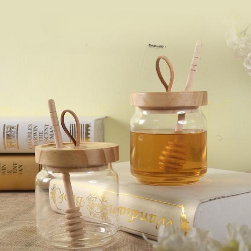 Household Sealed Jar with Lid and Wooden Stirring Rod Glass Storage Jar Honey Storage Jar