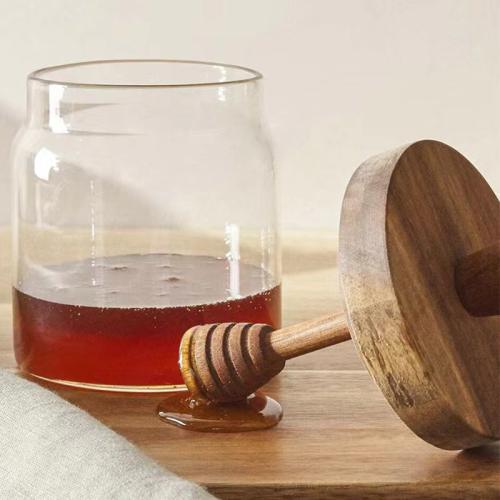 Borosilicate glass round jar with lid and wooden stick stirring rod storage jar honey jar