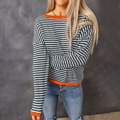 New Pure Cotton Knitted Sweater Women's Stripe Contrast Color  Long Sleeve Top