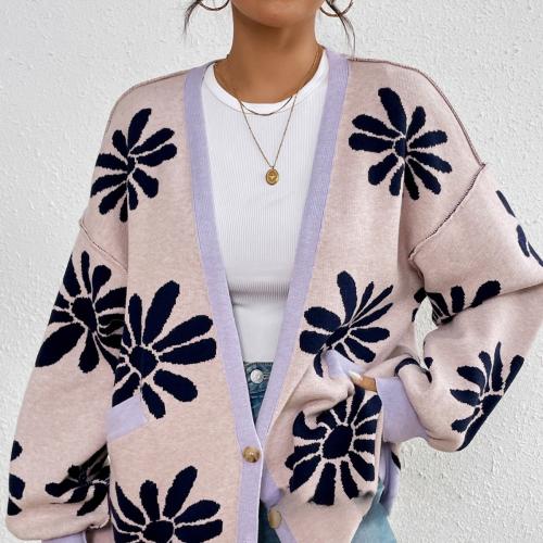 New V-neck Printed Commuter Elegant Loose Knitted Cardigan Sweater Women's Coat