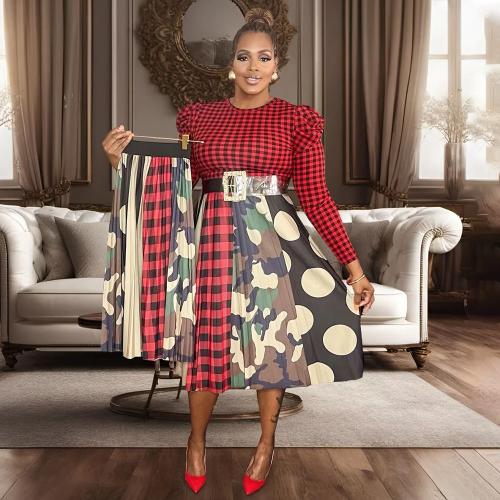 Plus size women's pleated printed long sleeve Two-Piece Dress Set