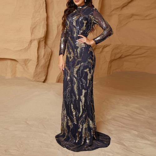 Long-sleeved Elegant Crewneck Sexy Slim-fit Long Sequin Banquet Evening Dress Bridesmaid Dress