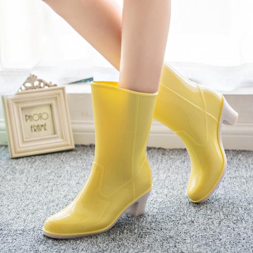 Women's adult mid-tube water shoes high heel rain boots fashion non-slip lightweight rubber shoes