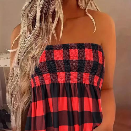 Polyester Slim Tube Top & off shoulder printed plaid red and black PC