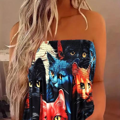 Polyester Slim Tube Top & off shoulder printed Cats mixed colors PC