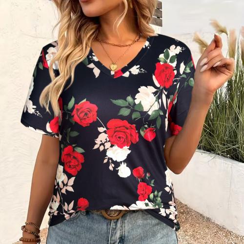 Polyester T-shirts femmes à manches courtes Imprimé Floral couleurs mixtes pièce