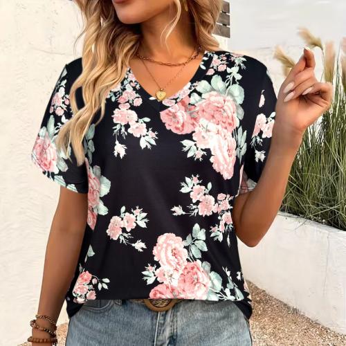 Polyester T-shirts femmes à manches courtes Imprimé Floral couleurs mixtes pièce