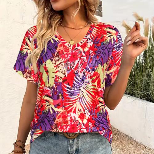 Polyester Women Short Sleeve T-Shirts slimming printed leaf pattern mixed colors PC