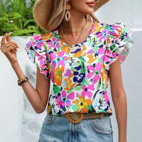 Women's Summer New Fashion Floral Printed Double-layer Short-sleeved Shirt