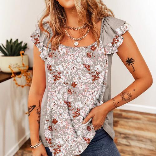 Pleated short sleeve Bohemian flower printed vest T-shirt top