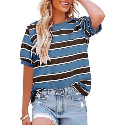 Striped color matching short sleeve T-shirt round neck casual T-shirt