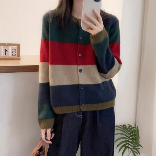 Color-block Crewneck Sweater Coat Lazy Loose Soft Knitted Cardigan Top