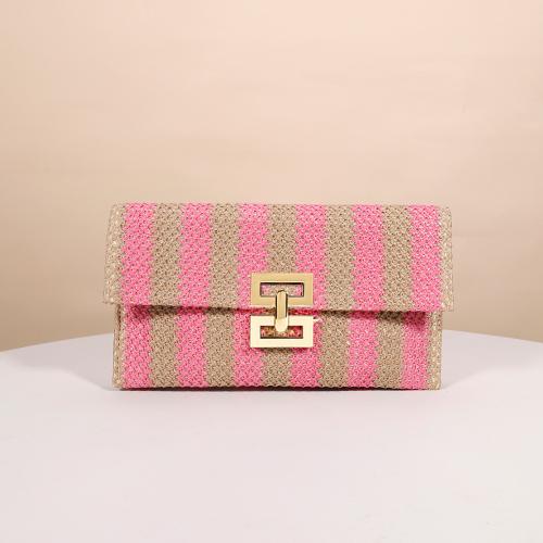 Striped Straw Clutch Bag Stitching Women's Bag with Lock Double Pocket Clutch Bag