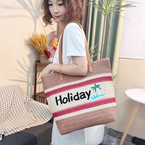 New Letter Embroidered Holiday Beach Bag Striped Contrast Color Woven Shoulder Bag