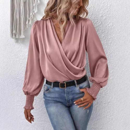 Elegant Women's V-neck Lantern Sleeve Solid Color Blouses