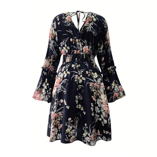 New printed elastic waist strap V-neck A-line long sleeve dress elegant short dress