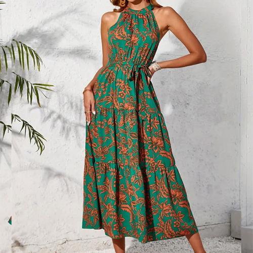 Vacation Style Hanging Neck Sleeveless Print Long Dress