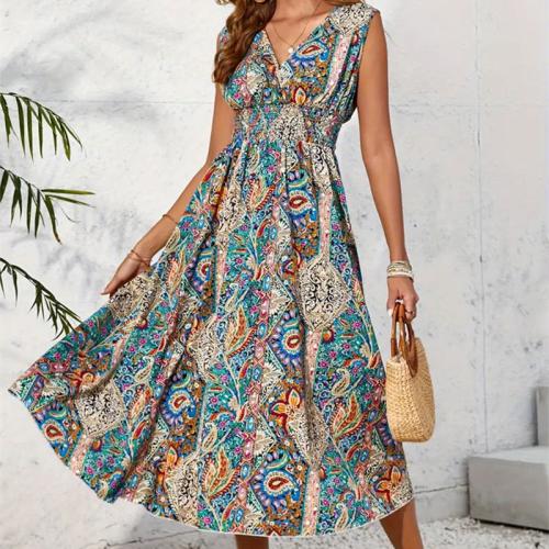 Women's Printed V-neck Sleeveless Dress Spring and Summer Contrasting Long Dress