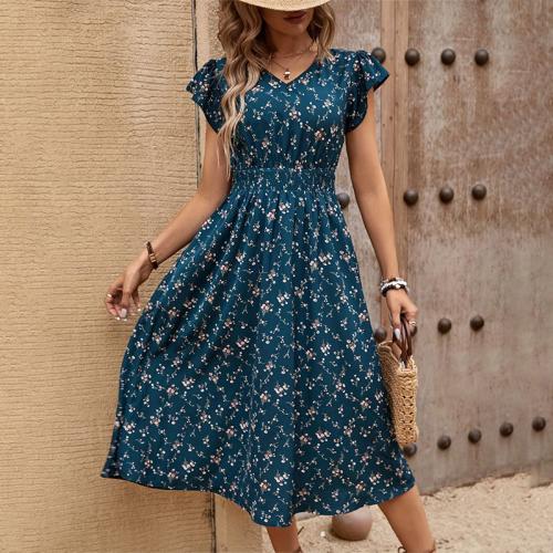 New Elegant Floral Long Dress Women's V-Neck Short Sleeve dress