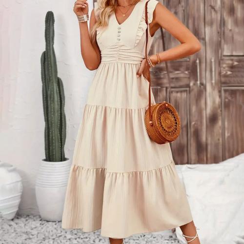 Ruffled Slim-fit Solid Color Jacquard Long Sleeveless dress Women's  One-piece Dress