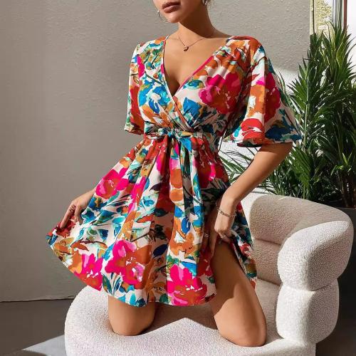 Summer new elegant ladies fashion flower printed cross collar belt dress